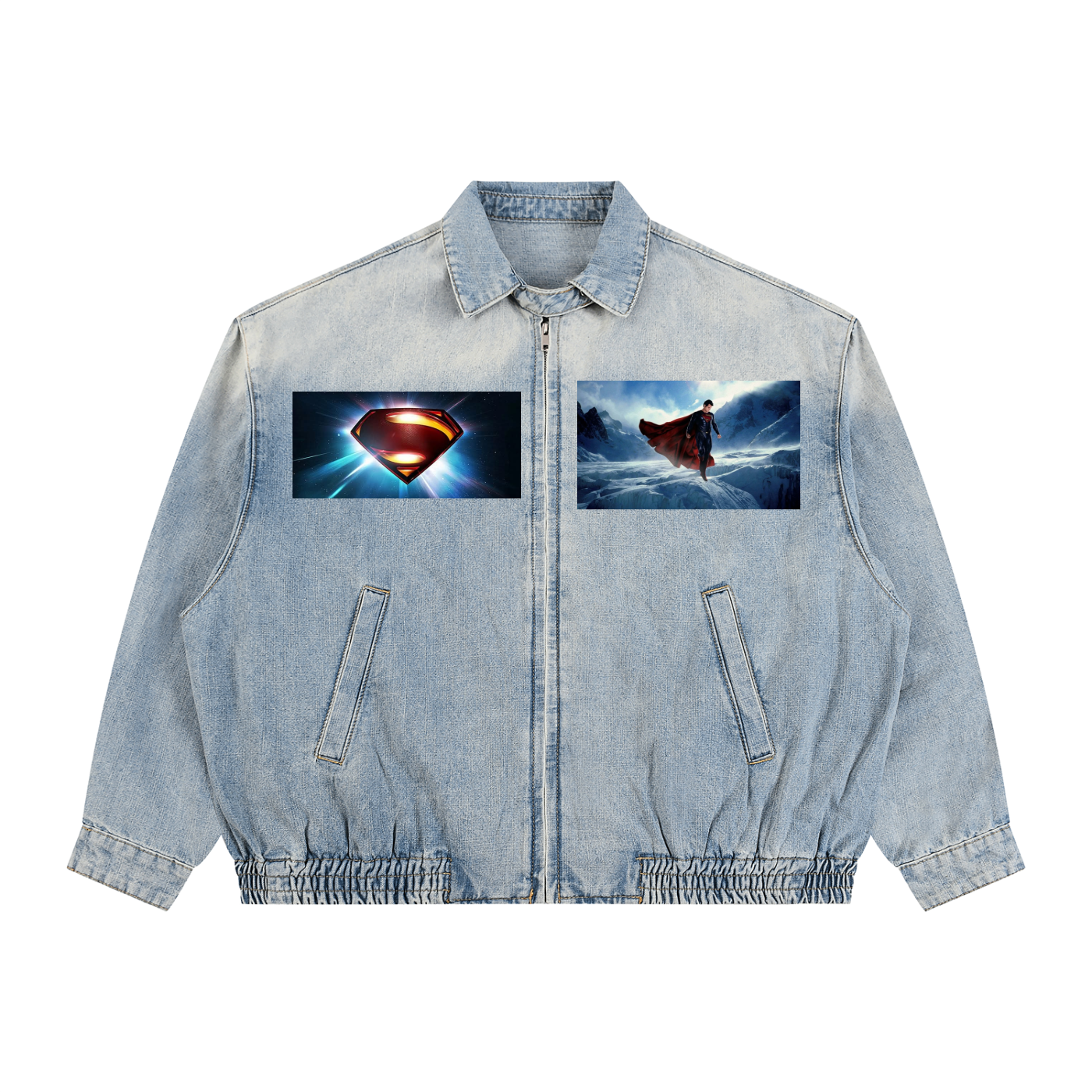 Denim jacket with Superman logo and character on a white background
