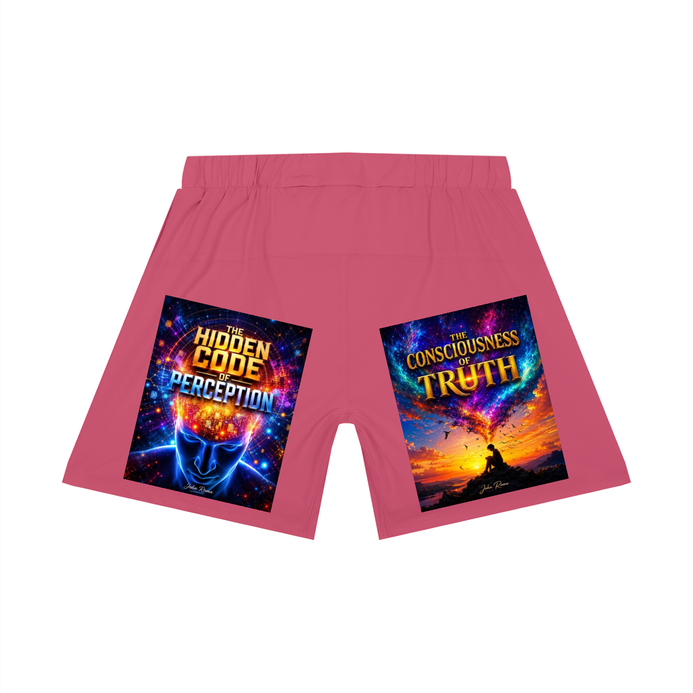 Pink boxer briefs with two colorful graphic prints on the front legs, displayed on a clean white background.