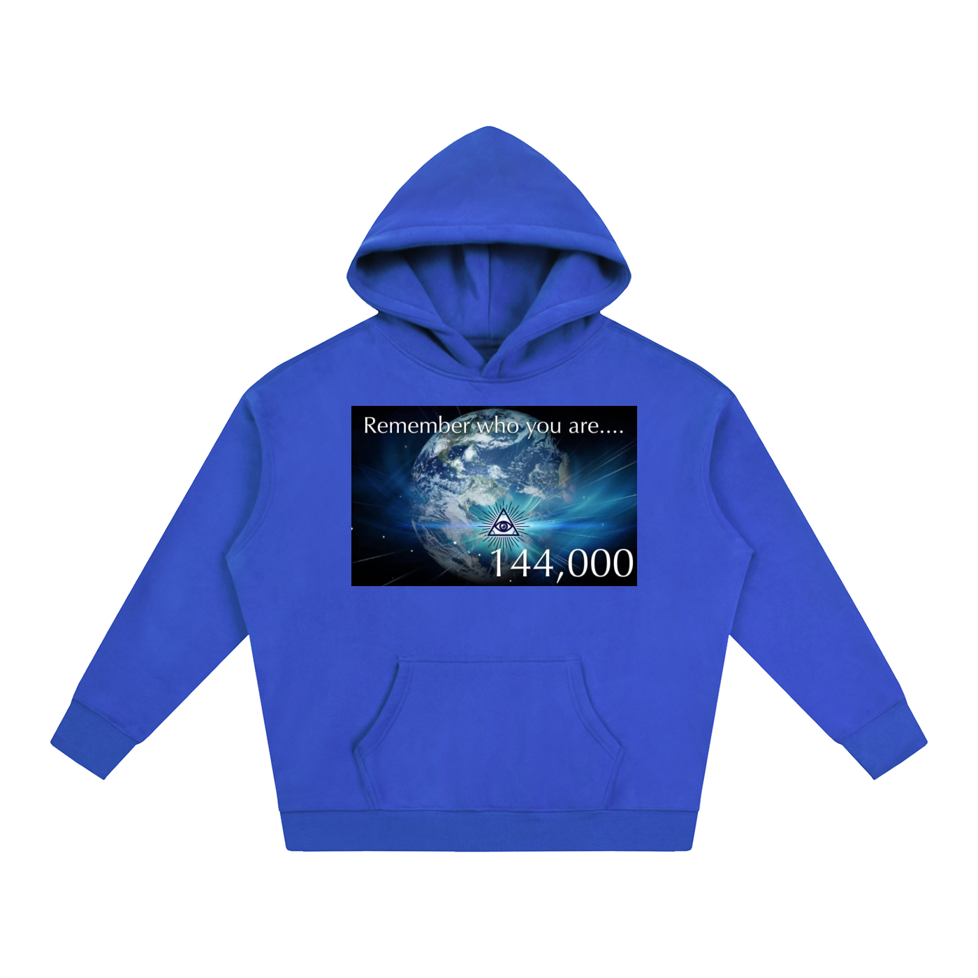 Blue hoodie with a graphic design on the chest against a white background