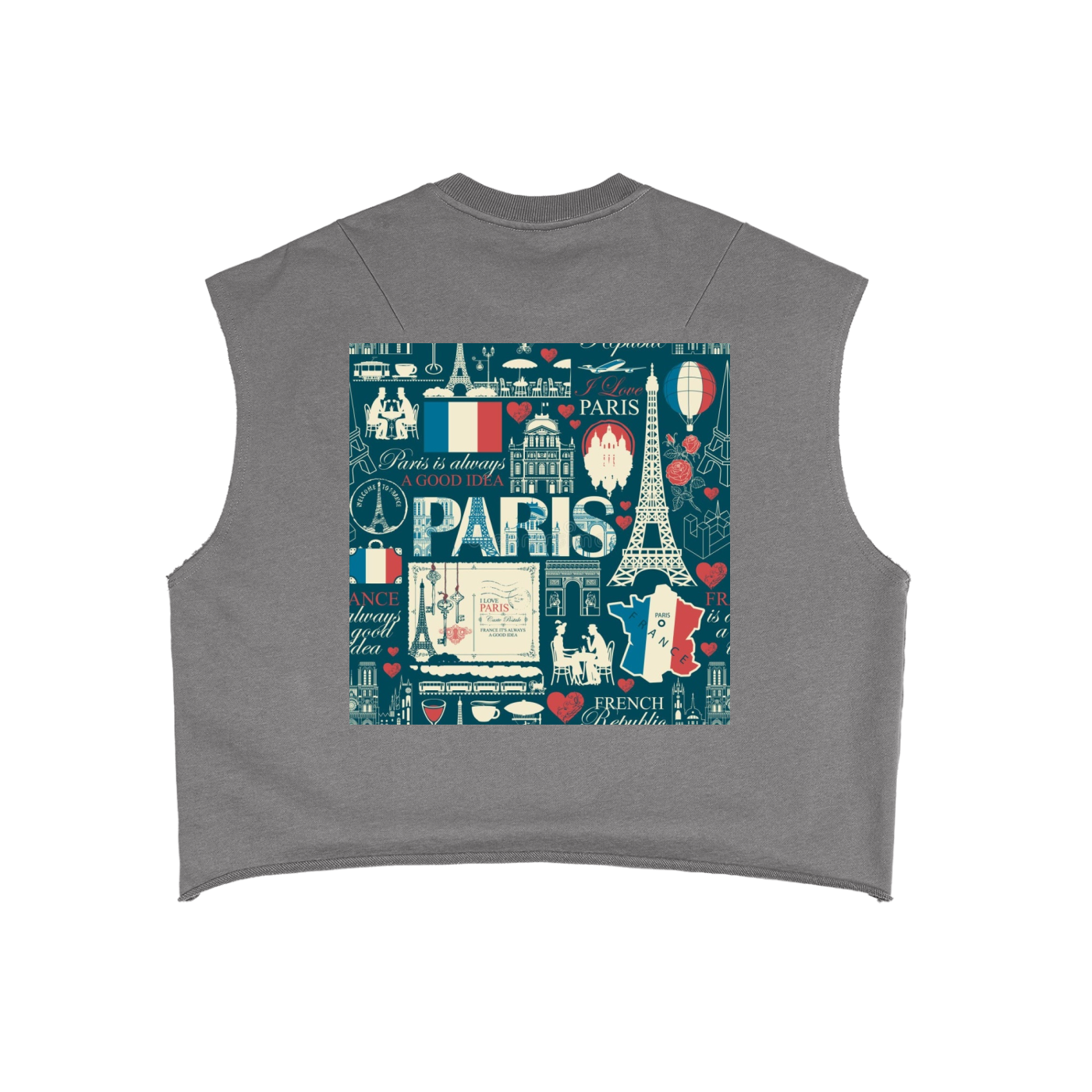 Gray sleeveless shirt with Paris-themed design on a white background