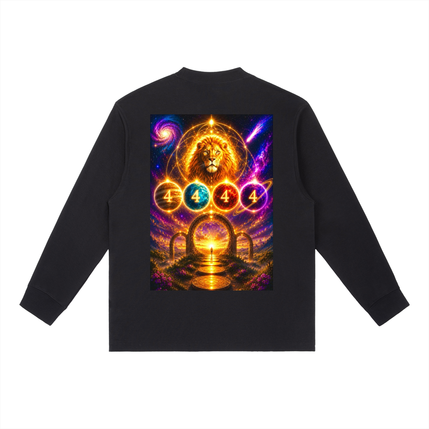 A black long-sleeve crewneck sweatshirt shown from the back, featuring a large, vibrant cosmic graphic print with a golden lion, colorful '444' circles, and mystical arches.