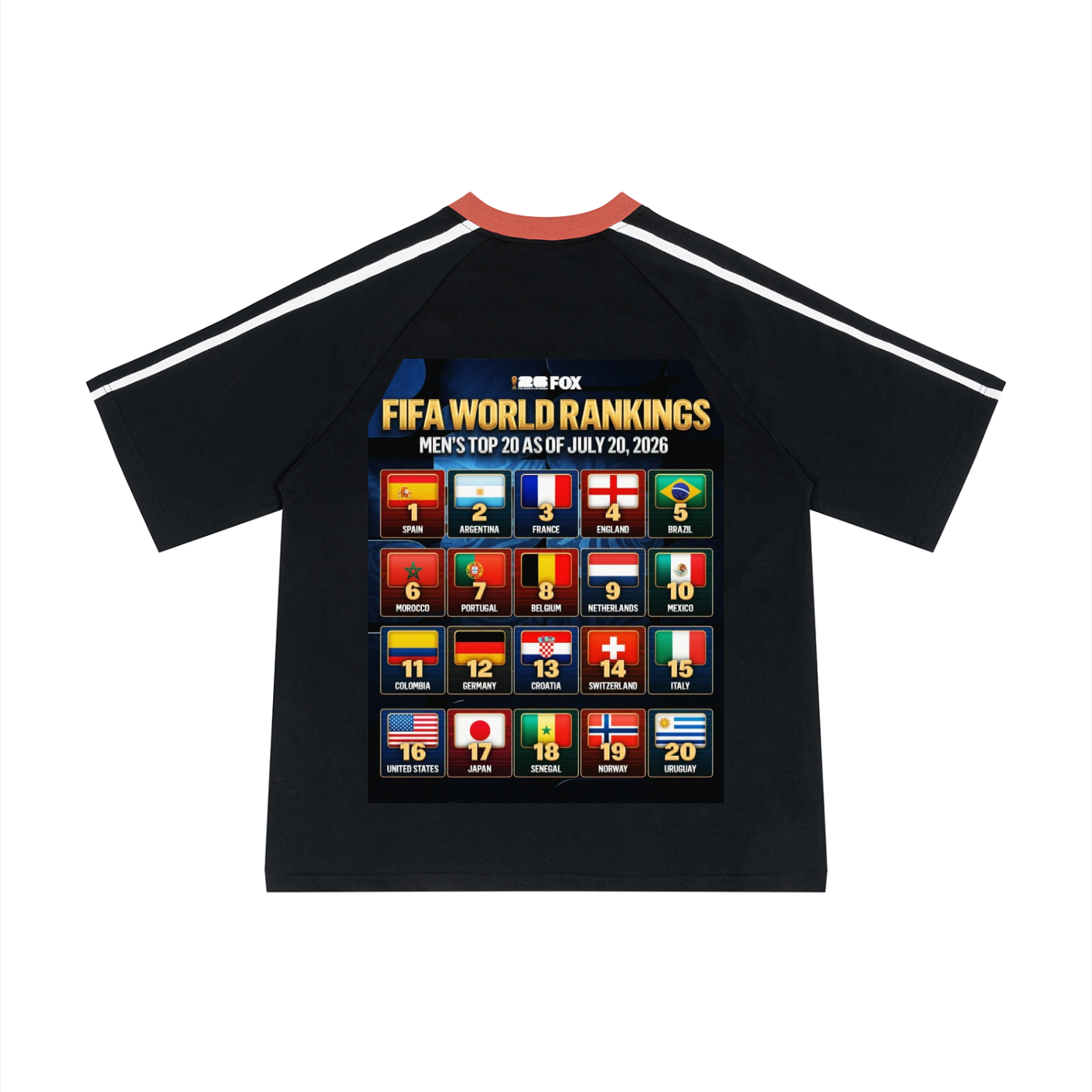 A black short-sleeve raglan t-shirt with white stripes on the sleeves and a red collar, featuring a large FIFA World Rankings graphic on the back.