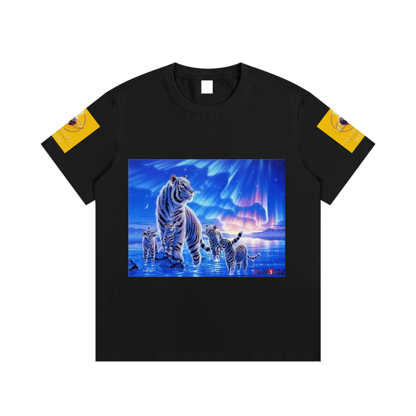Black t-shirt with a graphic of three tigers in a natural setting on a white background