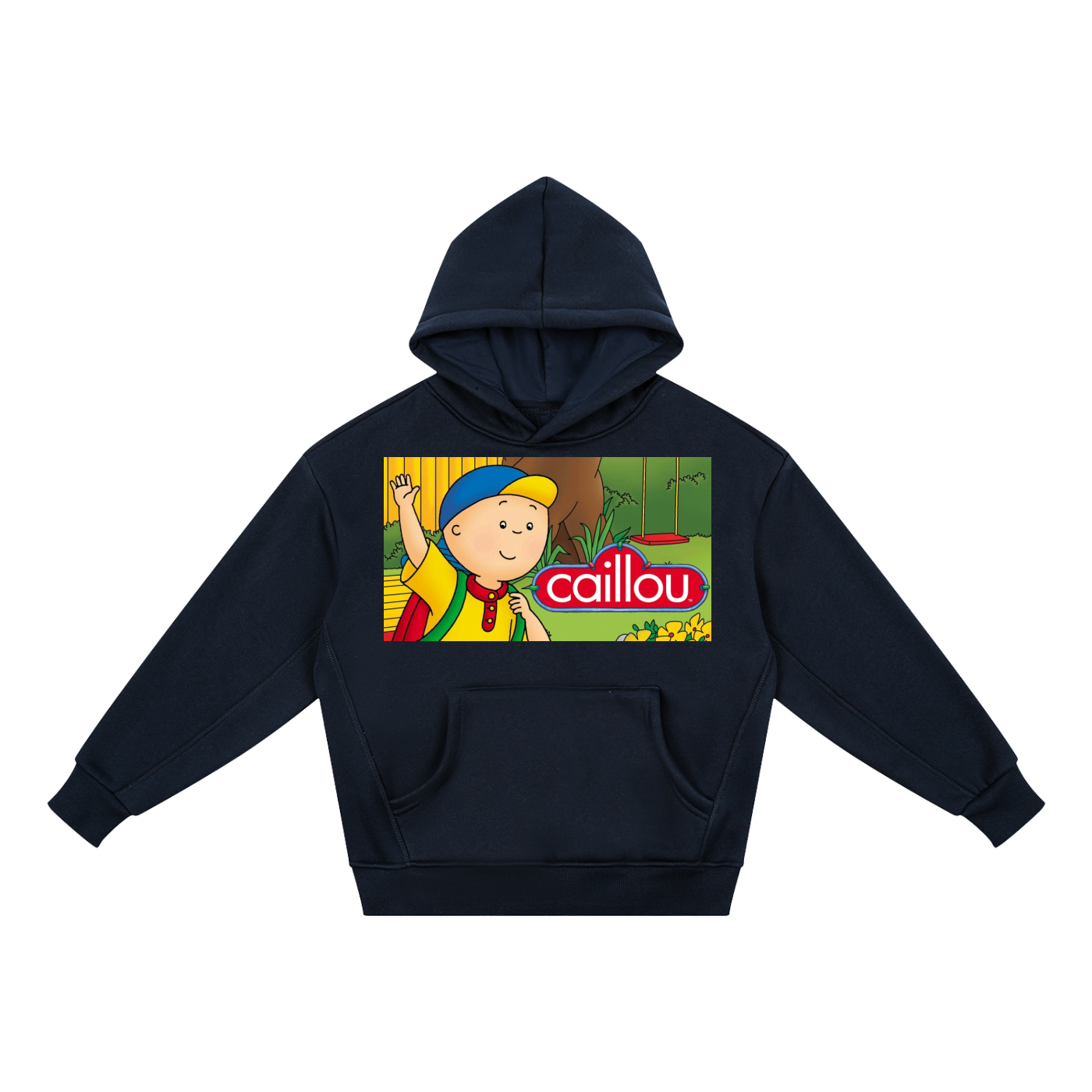 Black hoodie with a colorful 'Caillou' graphic on a white background