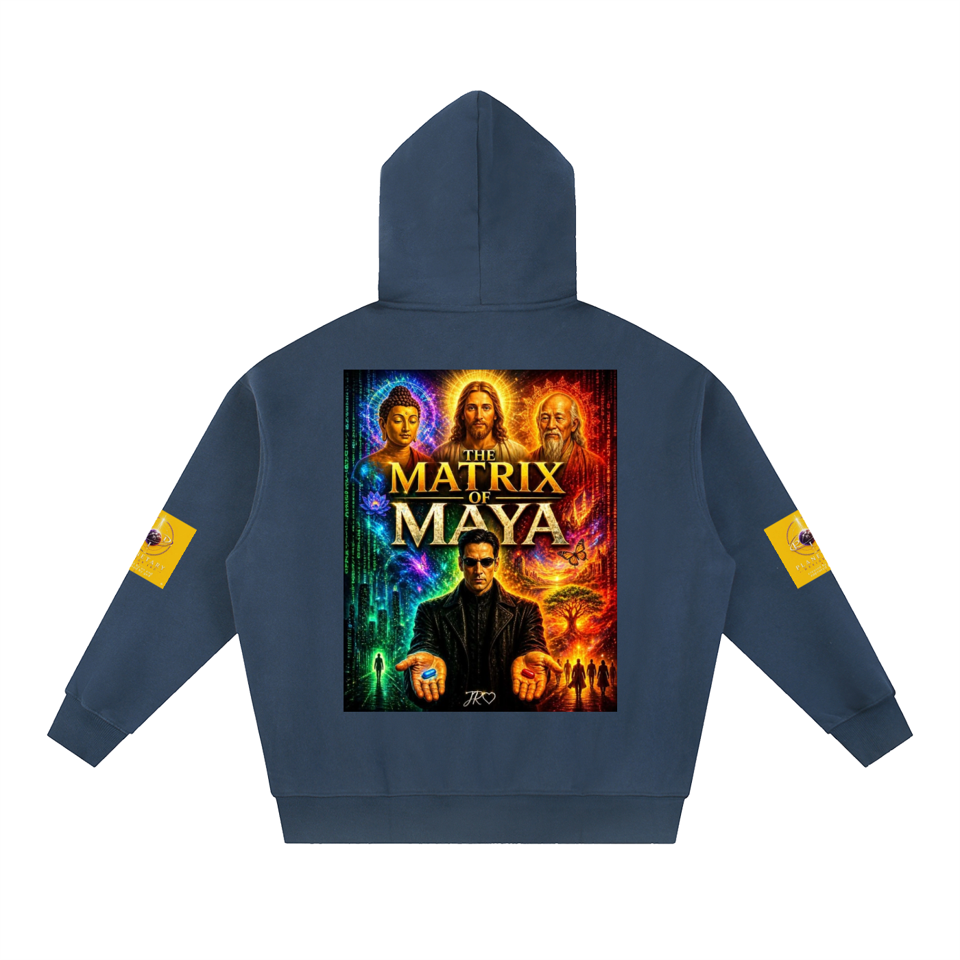 A navy blue hoodie shown from the back, featuring a large colorful graphic print of 'The Matrix & Maya' in the center and small yellow patches on both sleeves, displayed on a solid white background.