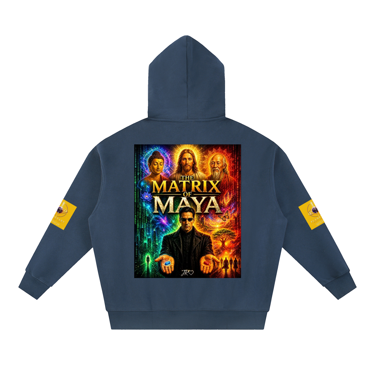 A navy blue hoodie shown from the back, featuring a large colorful graphic print of 'The Matrix & Maya' in the center and small yellow patches on both sleeves, displayed on a solid white background.