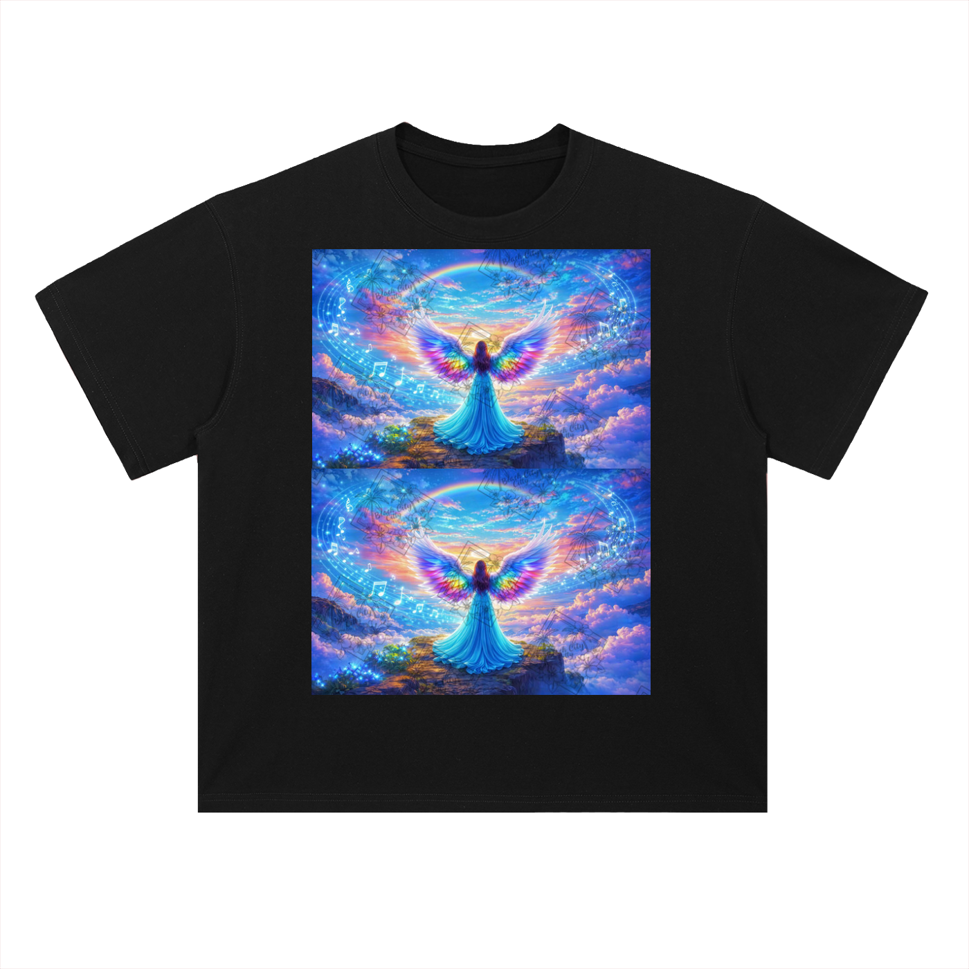 Black t-shirt with a colorful angel design on a white background