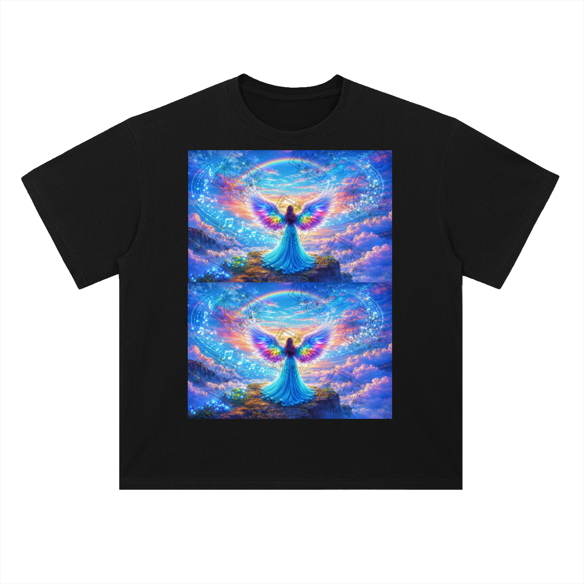 Black t-shirt with a colorful angel design on a white background
