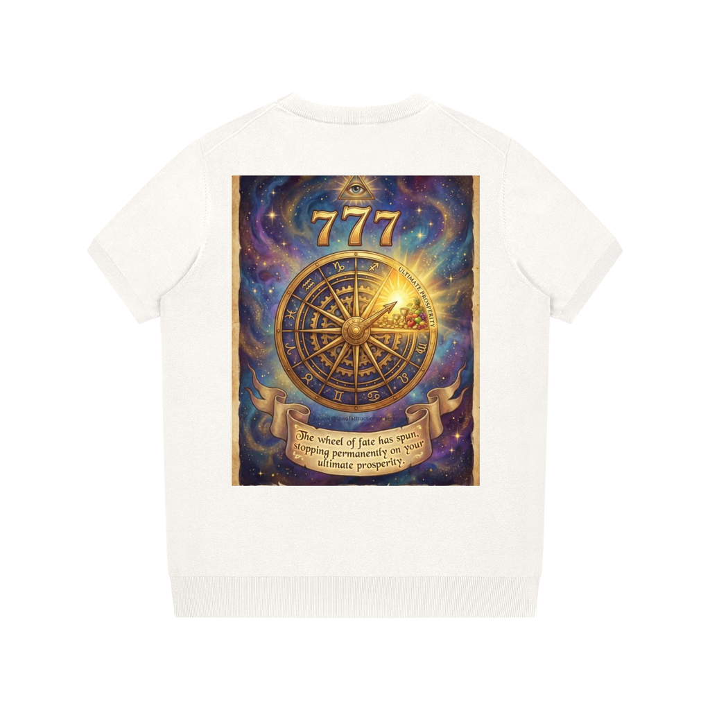 A white short-sleeve t-shirt shown from the back, featuring a large graphic print of a golden wheel of fate with the number 777 and a cosmic purple and blue galaxy background.
