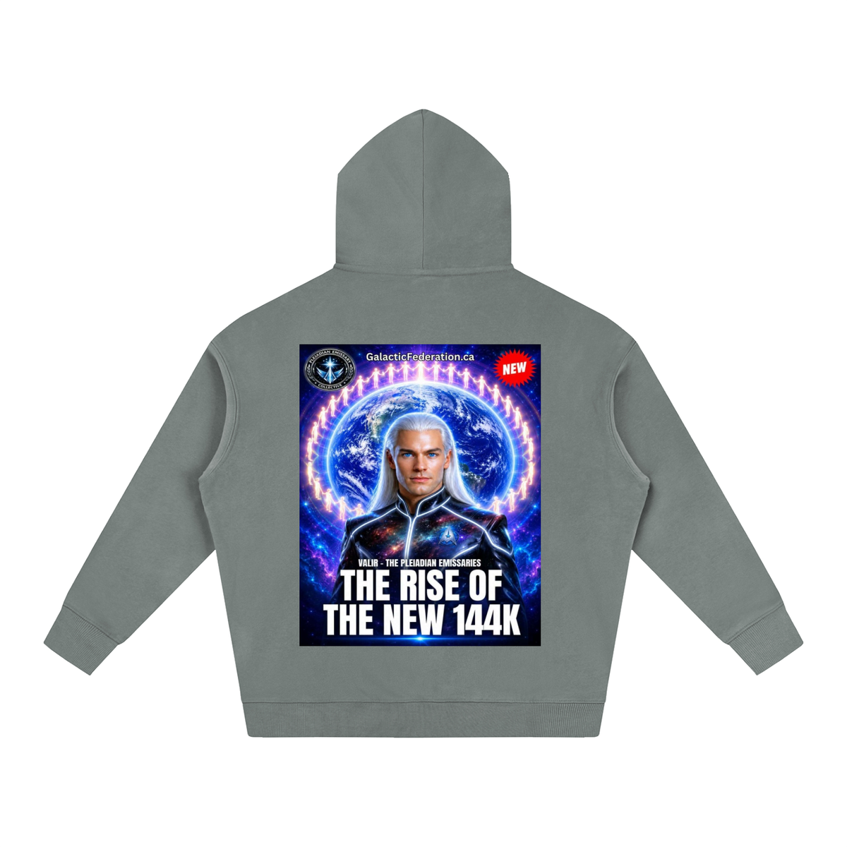 Gray hoodie with a graphic design on the back featuring a character and text.