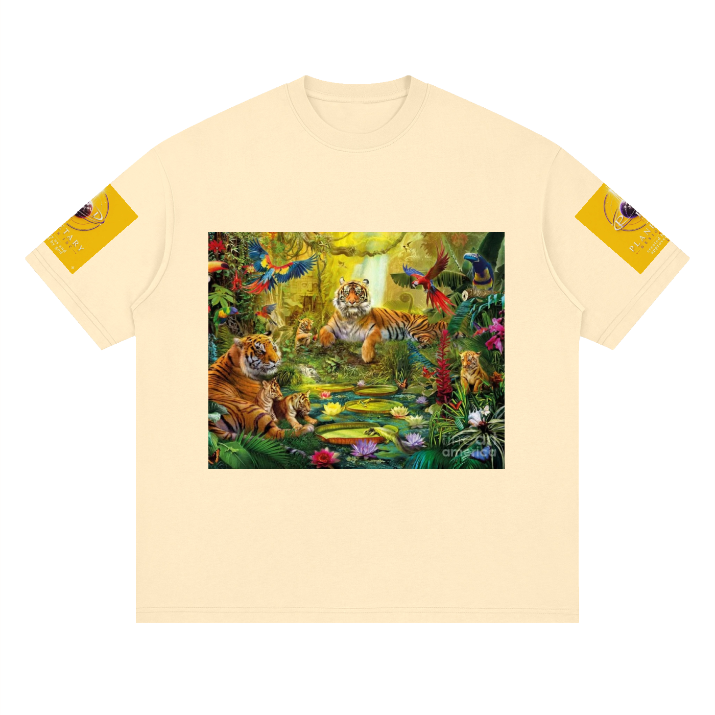 Beige t-shirt with a tropical scene of tigers and parrots on the front, on a white background.