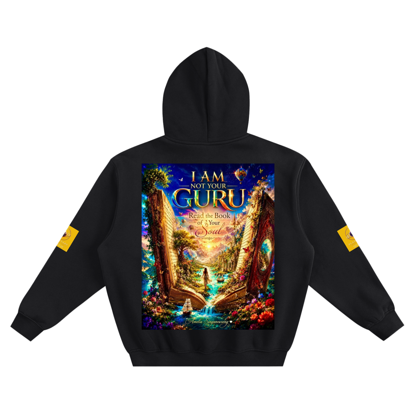 Black hoodie with a colorful graphic on the back featuring text and artistic design.