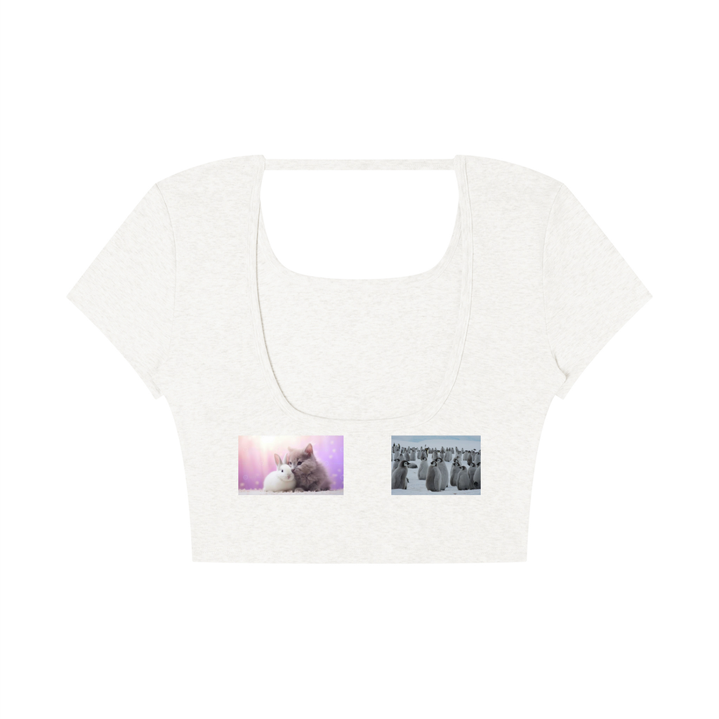 A white short-sleeve crop top with a square neckline, featuring two small rectangular graphic prints on the front chest.