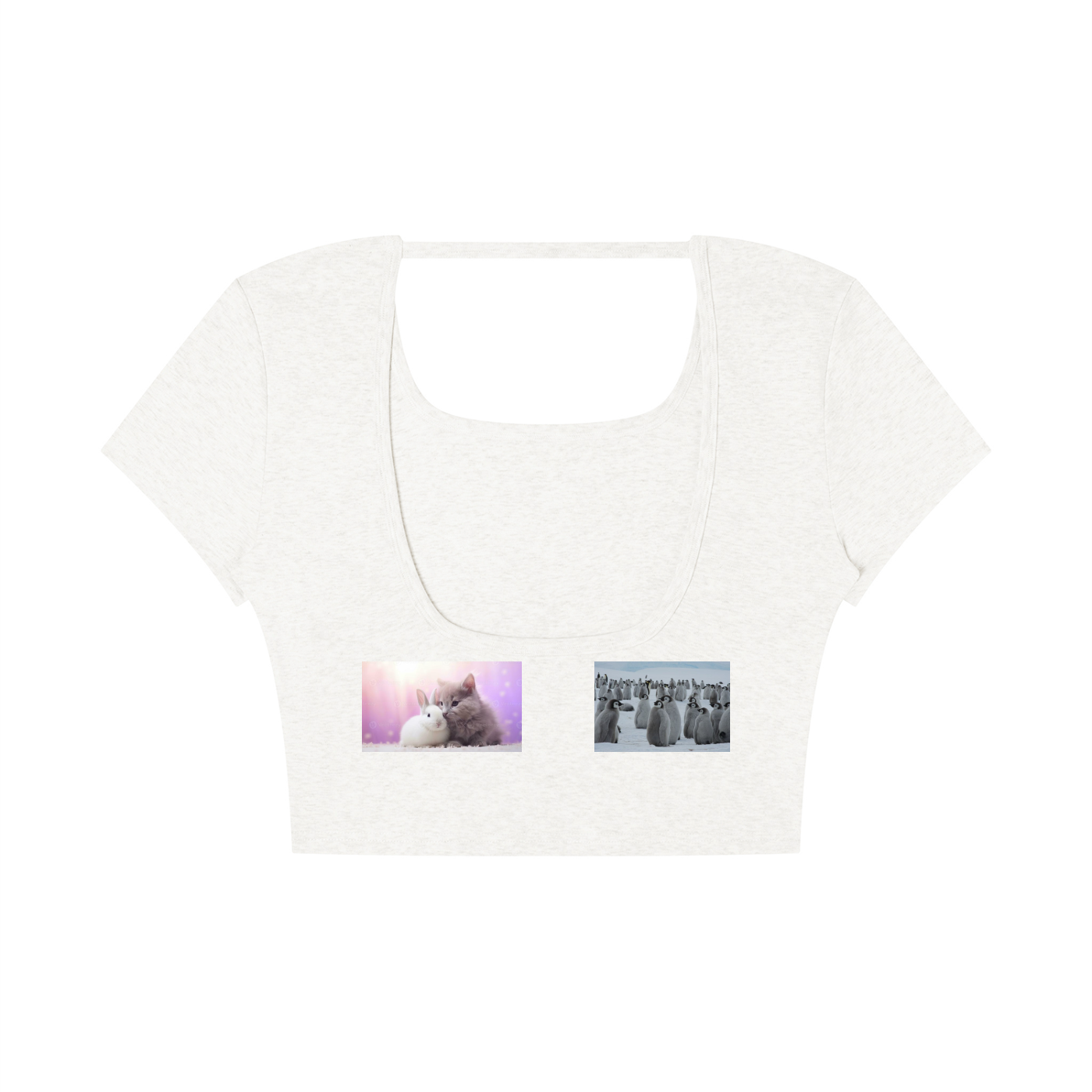 A white short-sleeve crop top with a square neckline, featuring two small rectangular graphic prints on the front chest.