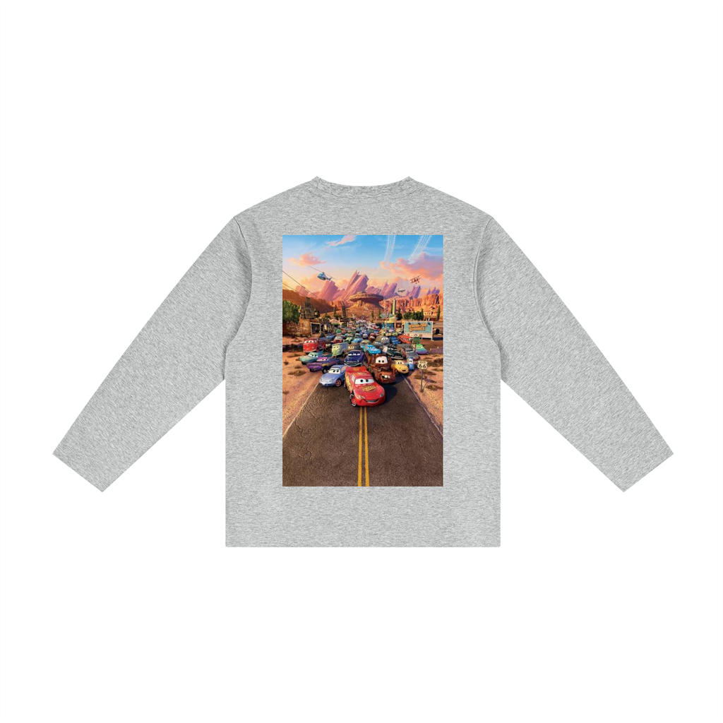 Gray long-sleeve shirt with a colorful graphic of a road and cars on the back