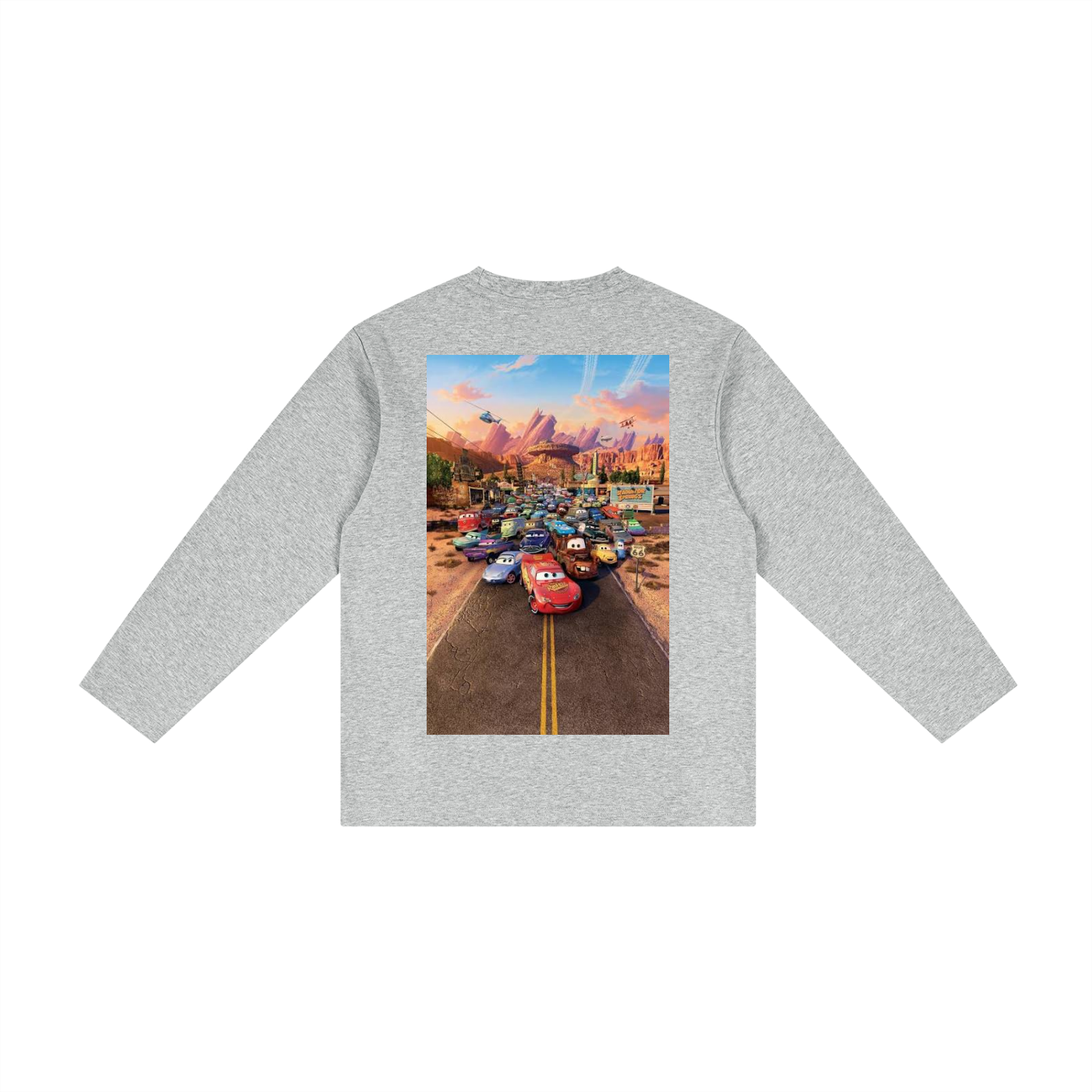 Gray long-sleeve shirt with a colorful graphic of a road and cars on the back