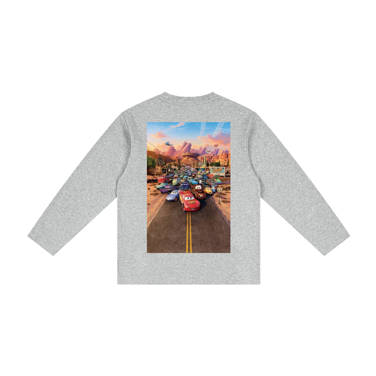 Gray long-sleeve shirt with a colorful graphic of a road and cars on the back