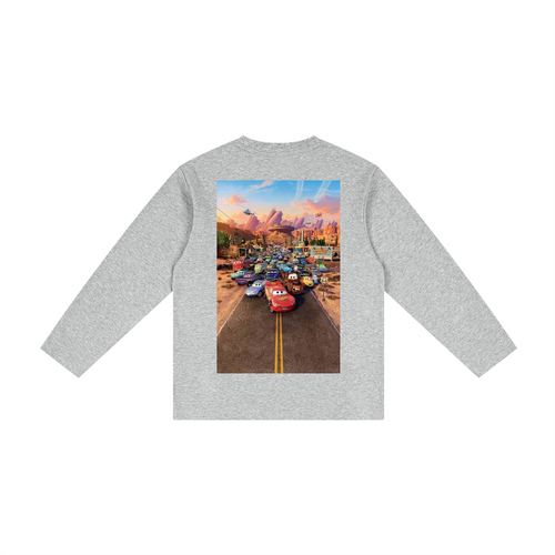 Gray long-sleeve shirt with a colorful graphic of a road and cars on the back