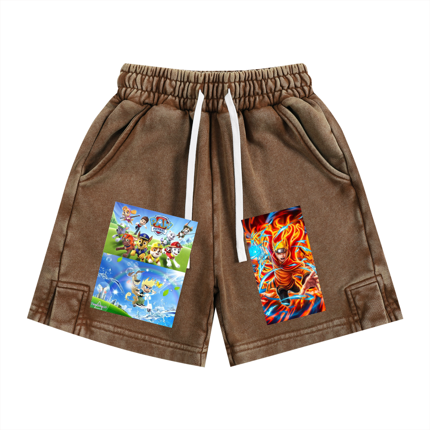 Brown shorts with cartoon character prints on a white background