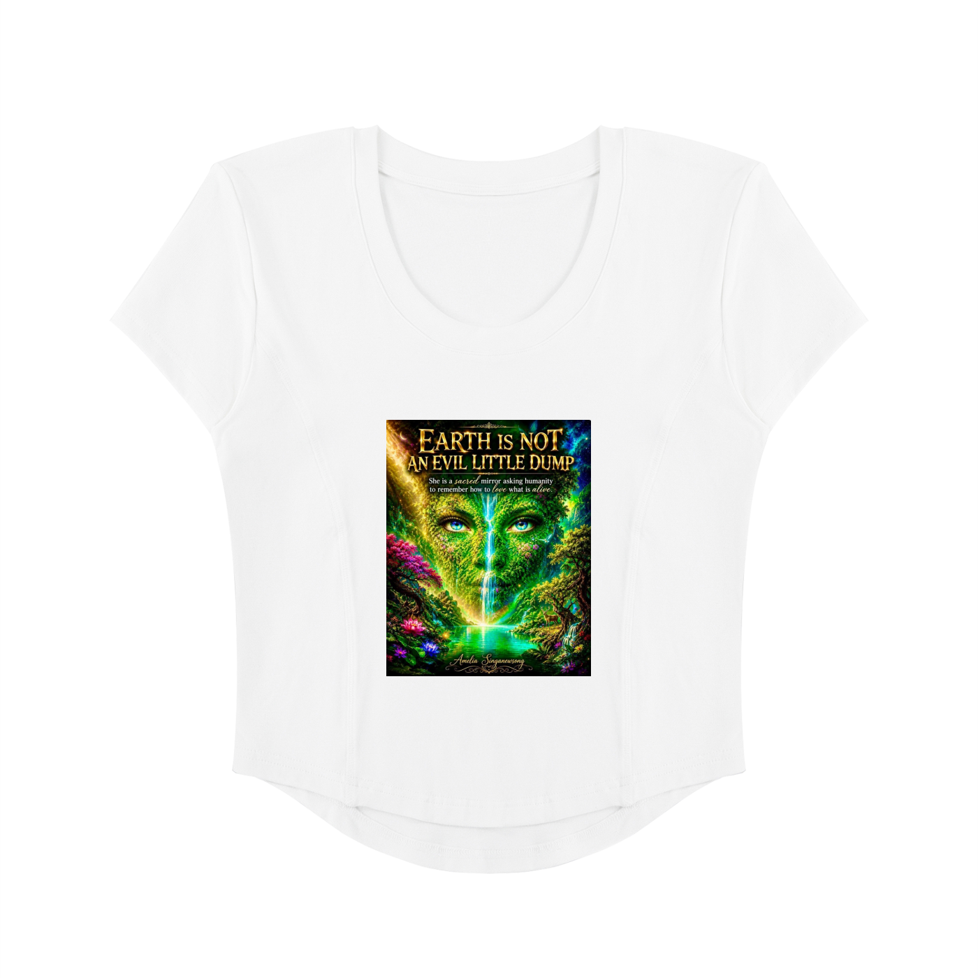 White t-shirt with a colorful graphic design on a white background