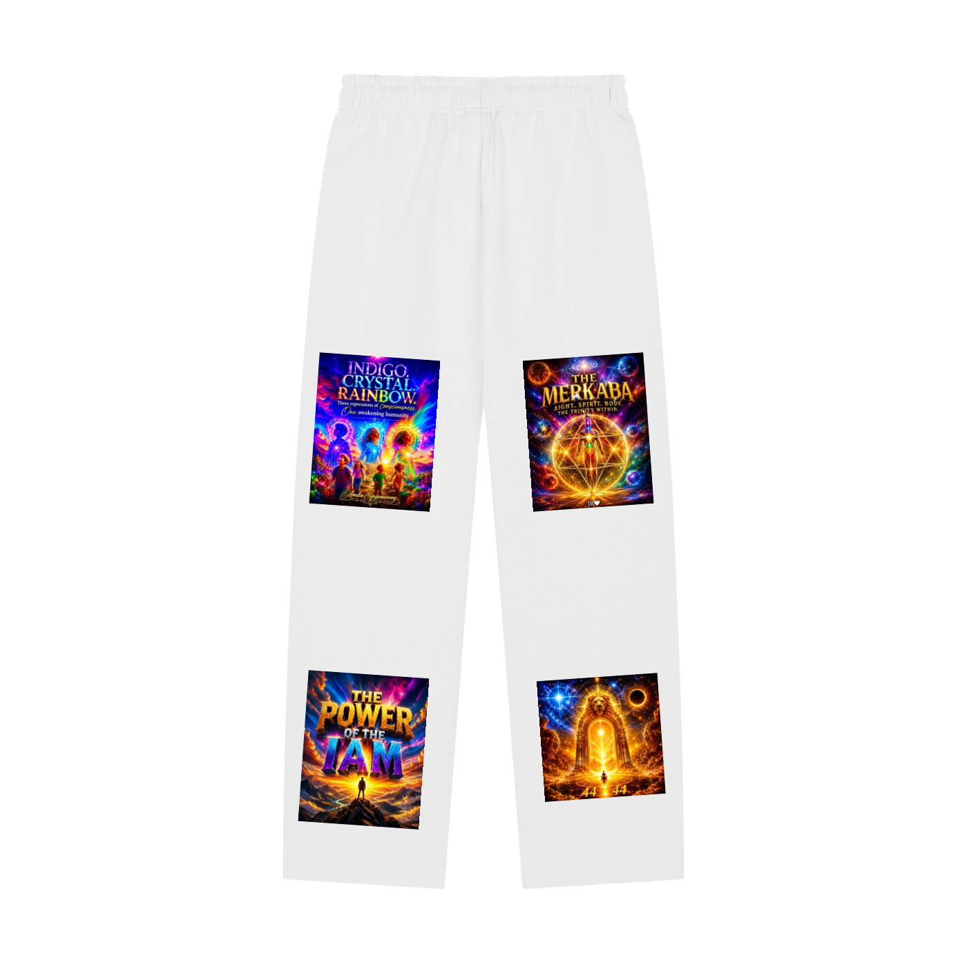 White sweatpants featuring four colorful graphic patches on the legs, each displaying a different mystical and magical theme with glowing symbols and text such as 'The Power of Magic', 'The Magic of Aphrodite', 'The Magic of Mera', and 'The Magic of Aphrodite and Nike'.