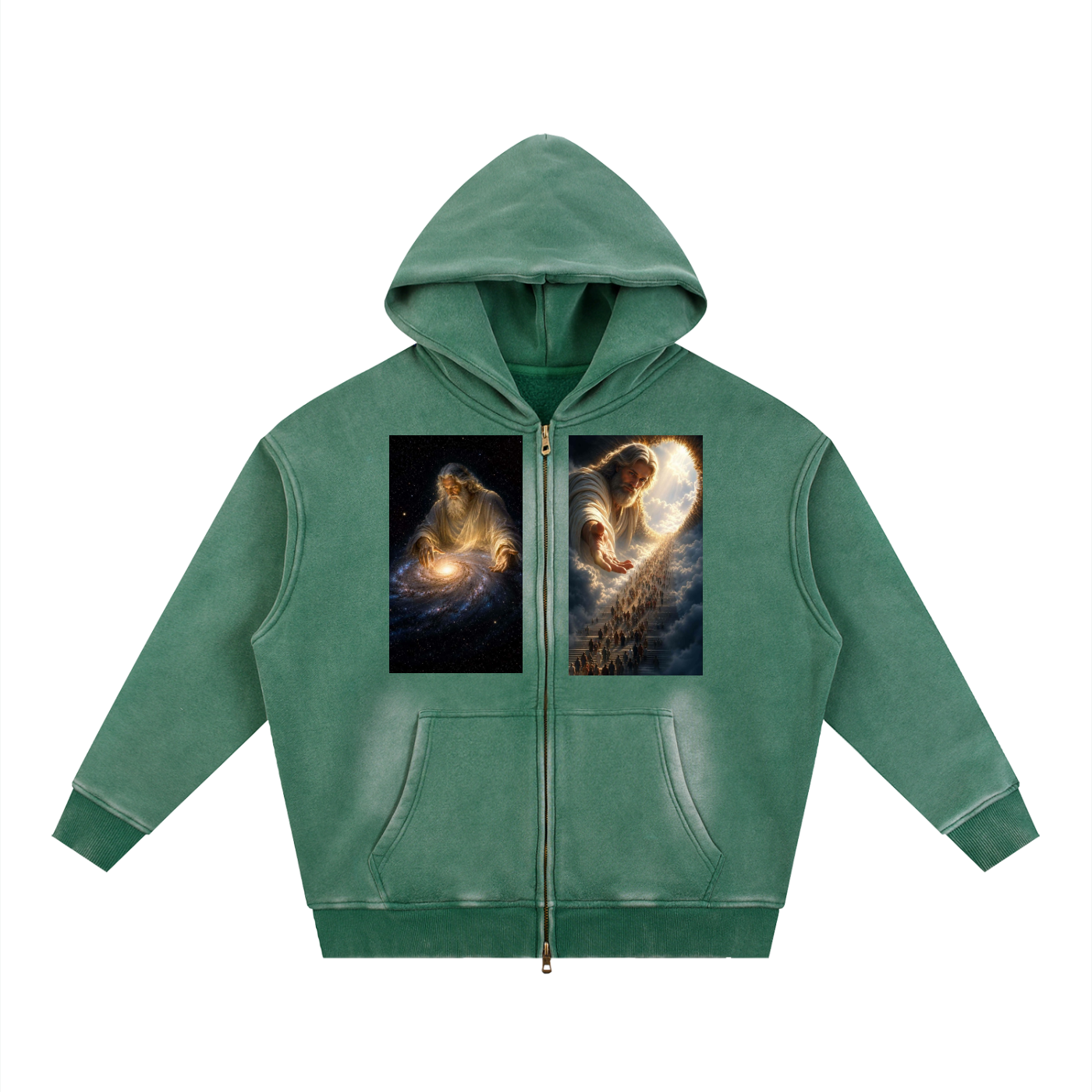A green zip-up hoodie with a hood, kangaroo pockets, and two square graphic prints on the chest depicting a cosmic, nebula-like scene with a glowing figure.