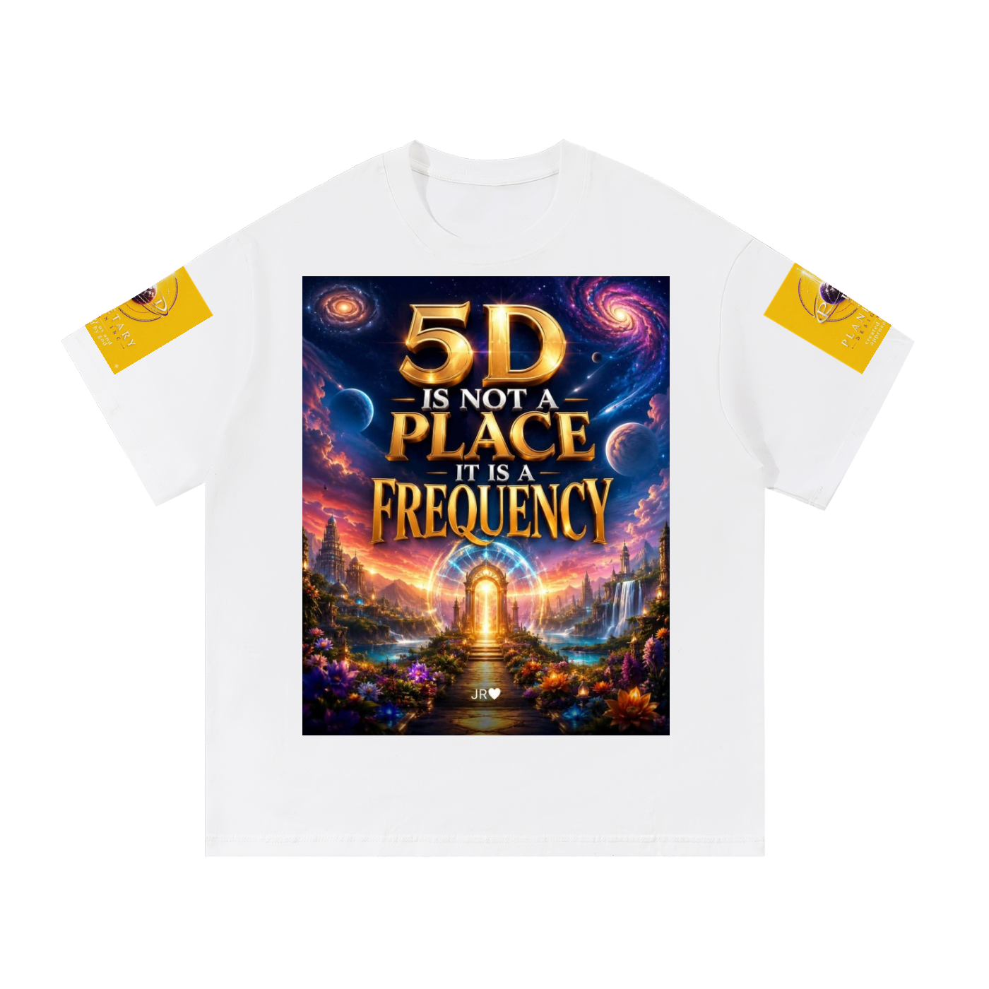 A white short-sleeve t-shirt with a large, colorful fantasy graphic on the chest and yellow graphic prints on both sleeves, displayed against a solid white background.