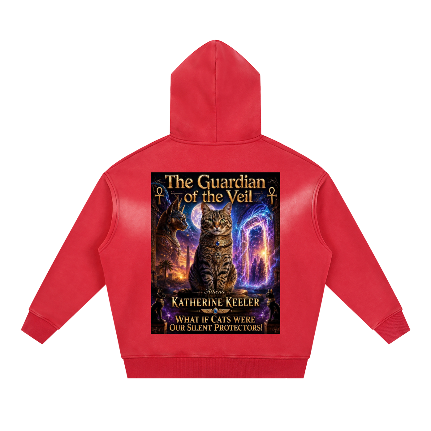Red hoodie with a graphic of a cat and text on the back, on a white background