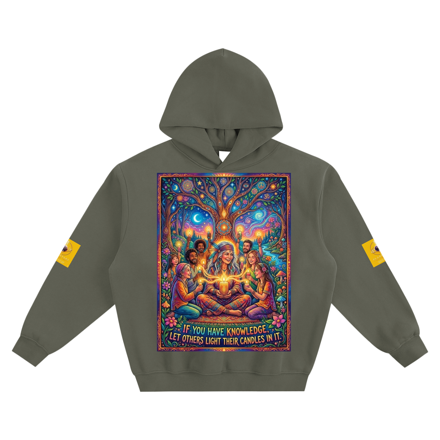 Olive green boxy fit fleece hoodie with cosmic graphic front print