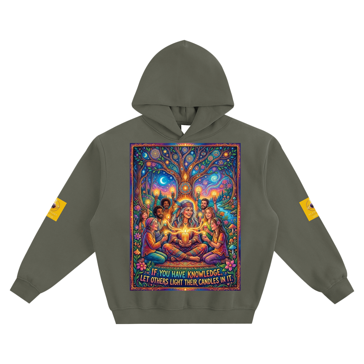 Olive green boxy fit fleece hoodie with cosmic graphic front print
