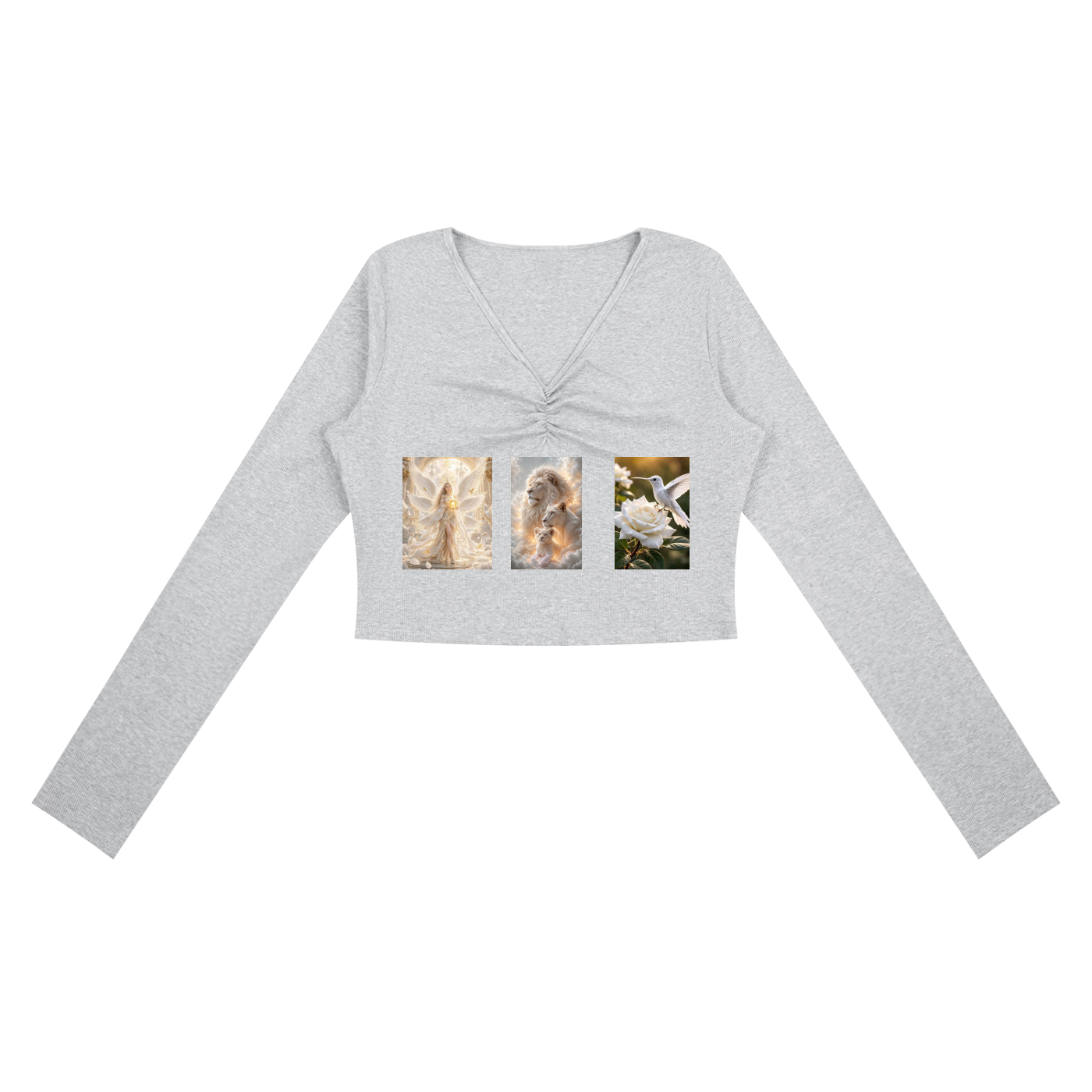 A light gray long-sleeve crop top with a V-neck and a three-panel graphic print on the chest depicting angel faces and white roses, shown on a plain white background.