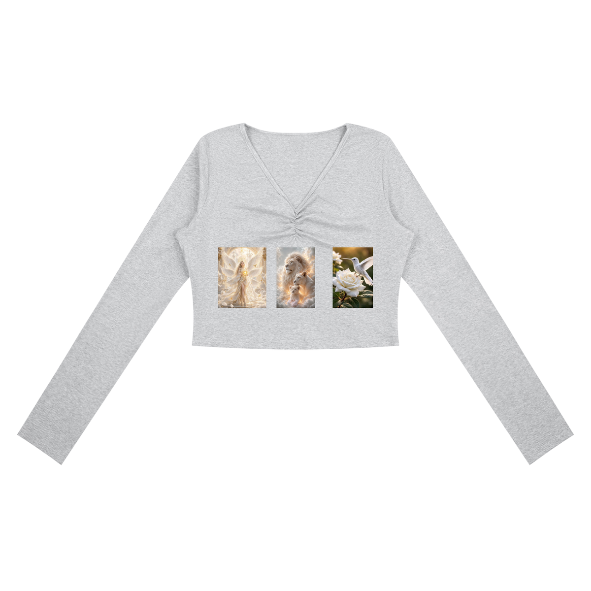 A light gray long-sleeve crop top with a V-neck and a three-panel graphic print on the chest depicting angel faces and white roses, shown on a plain white background.