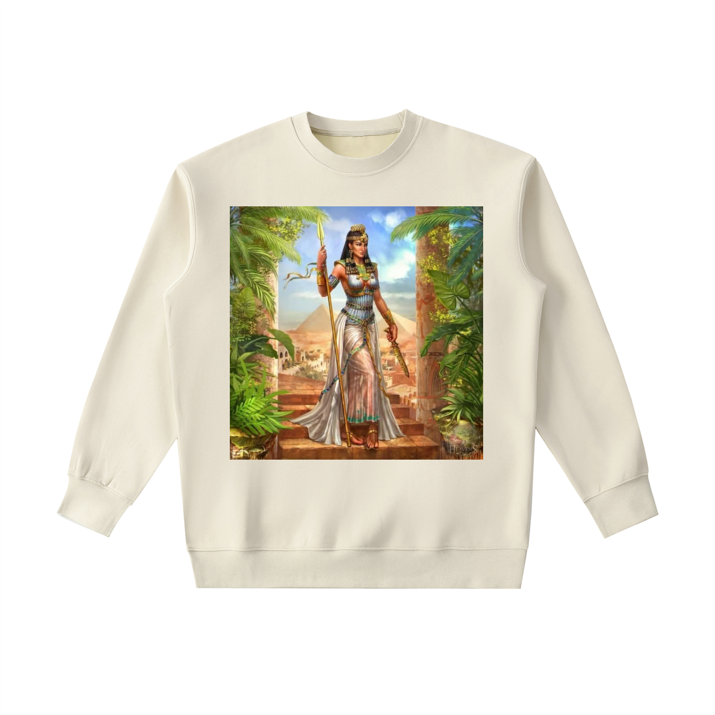 Beige sweatshirt with an Egyptian-themed graphic on a white background