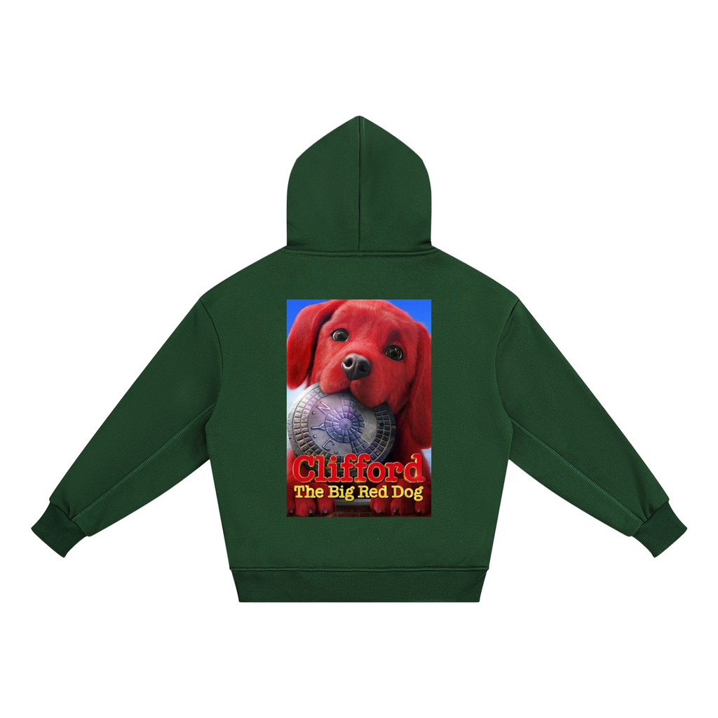 Green hoodie with 'Clifford the Big Red Dog' graphic on a white background