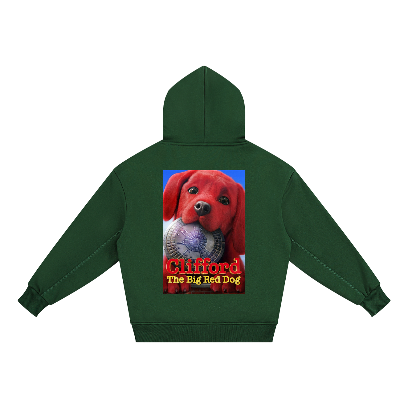 Green hoodie with 'Clifford the Big Red Dog' graphic on a white background