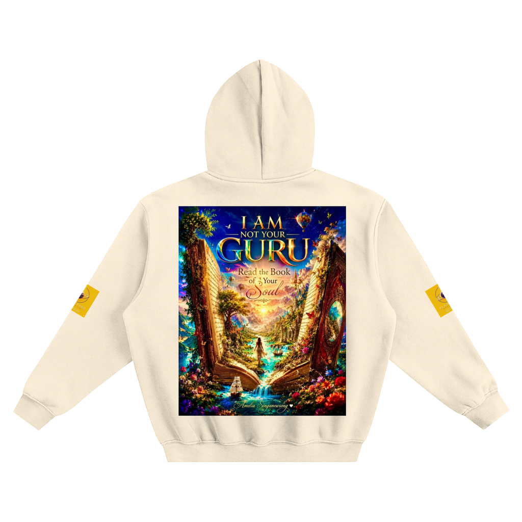 Beige hoodie with a colorful graphic on the back featuring text and artistic design.
