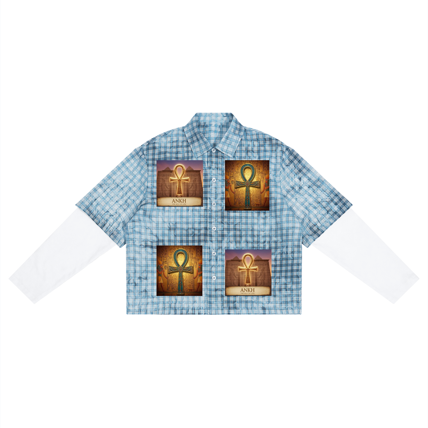 A light blue and white gingham short-sleeve button-up shirt with long white sleeves, featuring four square panels with Egyptian ankh symbols and the word 'ANUB' on a white background.