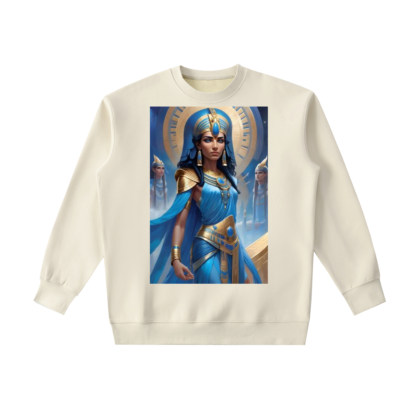 White sweatshirt with an Egyptian-themed graphic on a white background