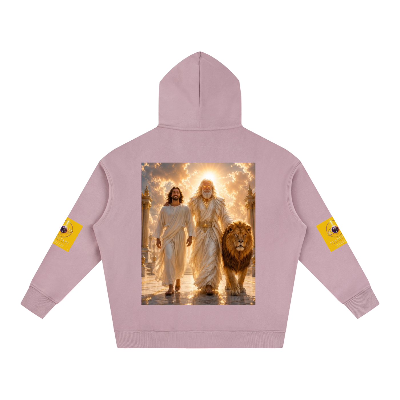 Pink hoodie with a graphic of two figures and a lion on the back, on a white background.