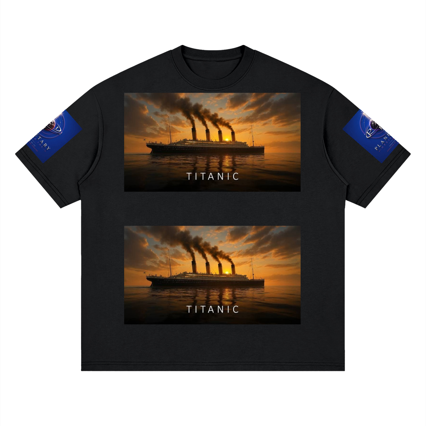 Black t-shirt with Titanic graphic on a white background