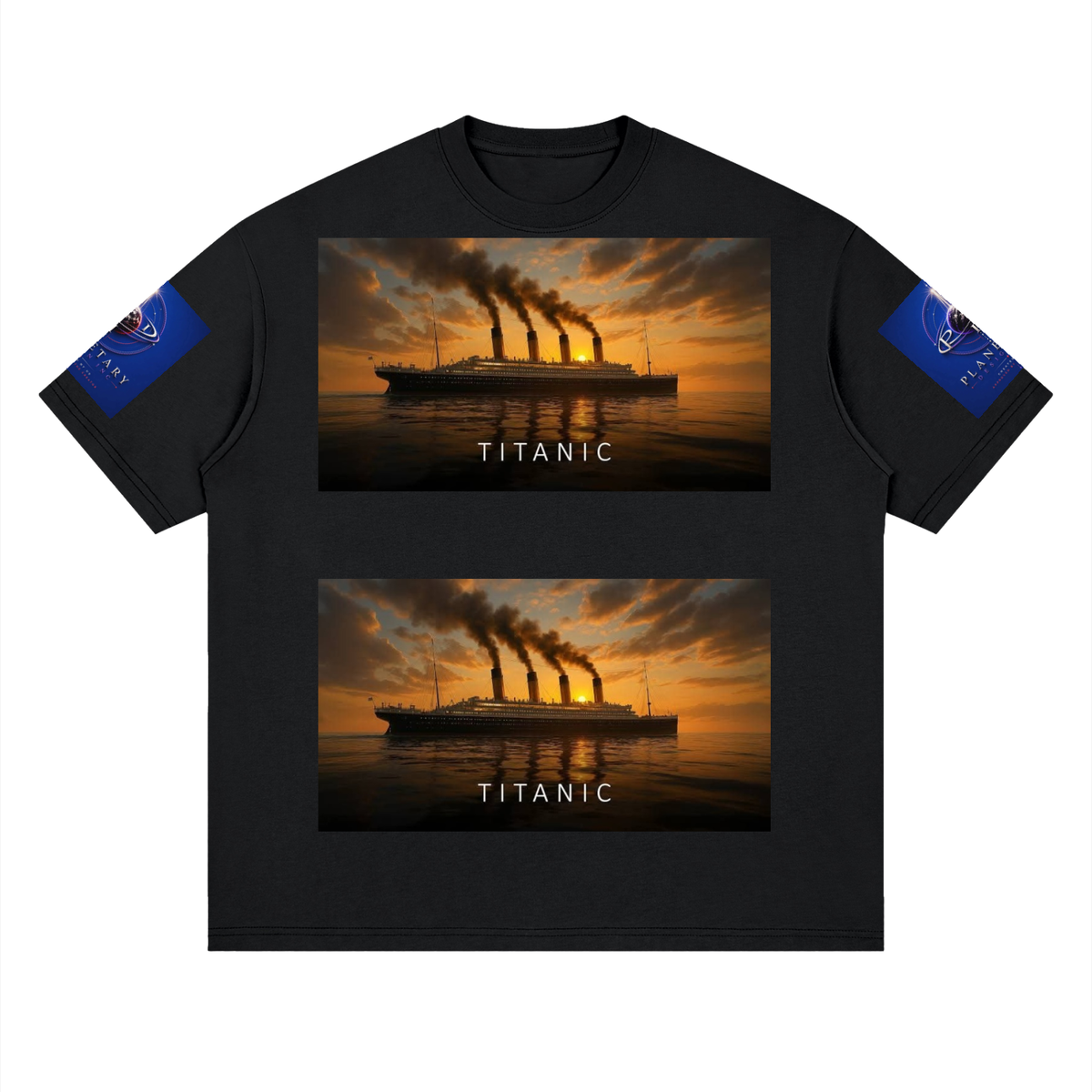 Black t-shirt with Titanic graphic on a white background