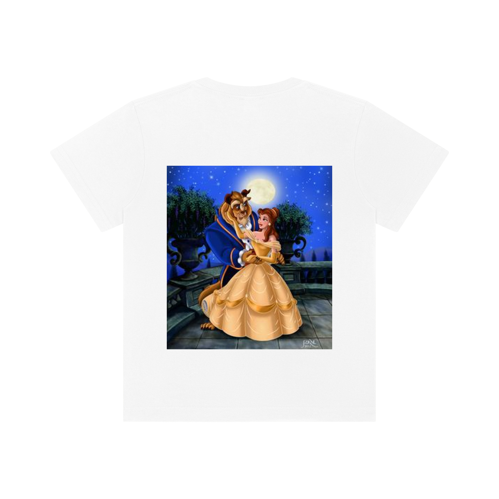 A white short-sleeve crewneck t-shirt featuring a square graphic print of Belle and the Beast dancing under a full moon.