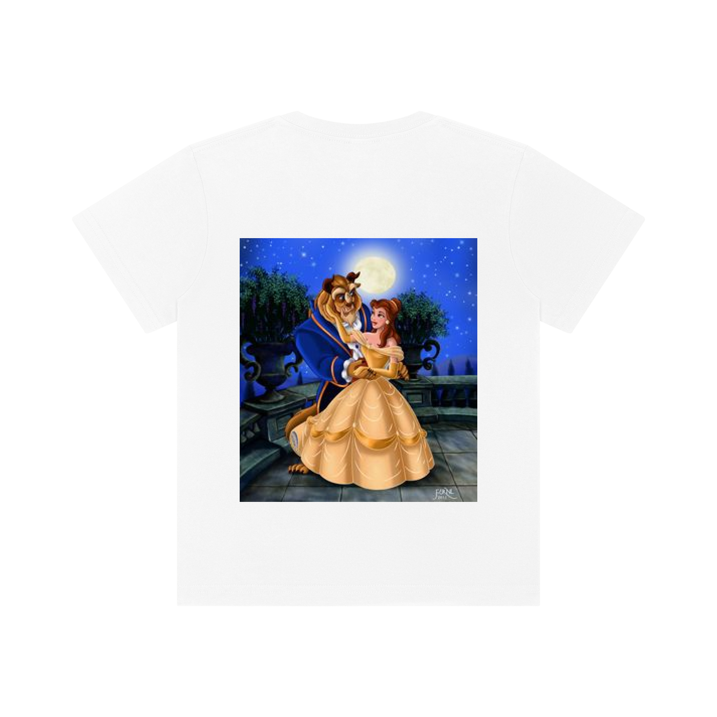 A white short-sleeve crewneck t-shirt featuring a square graphic print of Belle and the Beast dancing under a full moon.