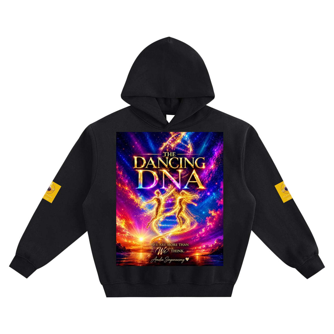 Black hoodie with 'The Dancing DNA' graphic design on a white background