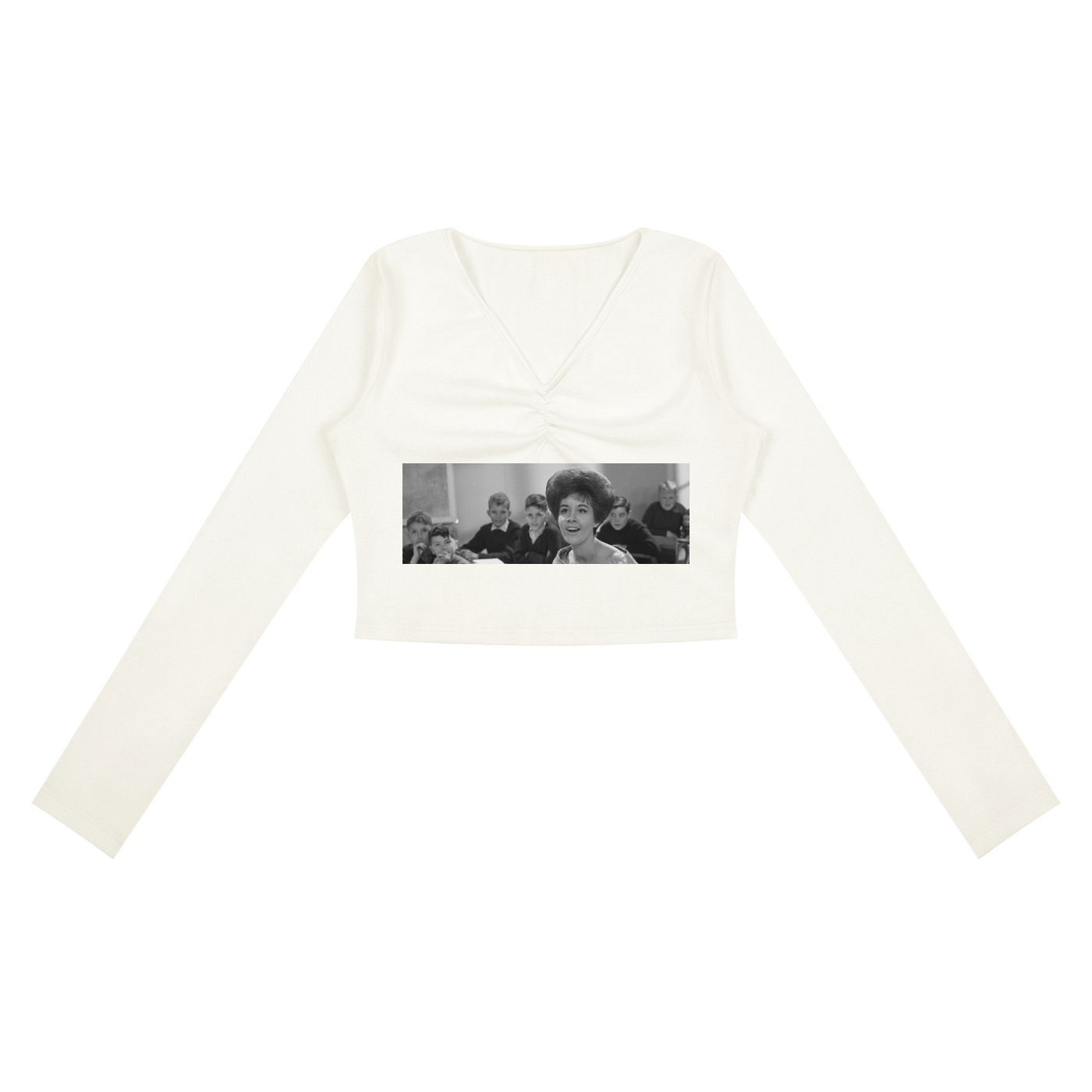 White long-sleeve shirt with a graphic of a woman and people on a white background