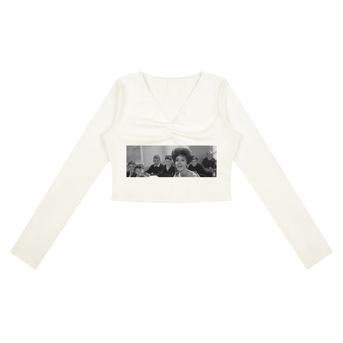 White long-sleeve shirt with a graphic of a woman and people on a white background