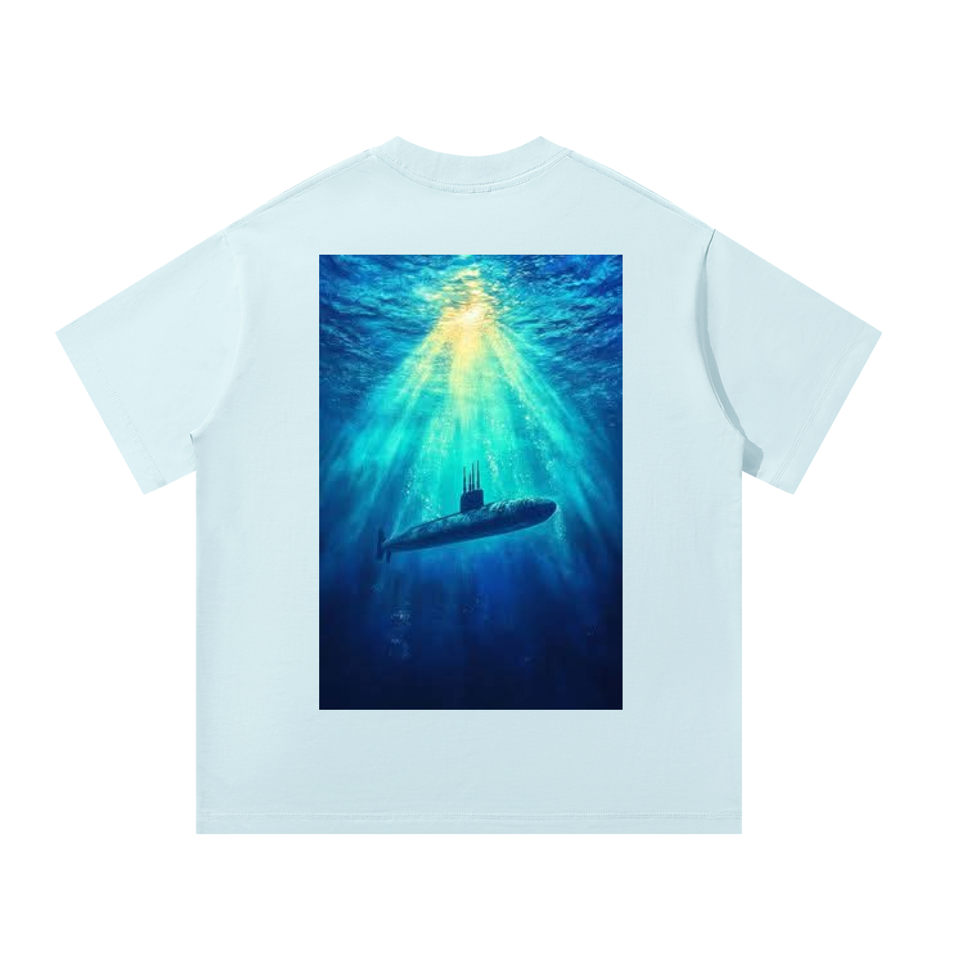 T-shirt with a submarine graphic on a white background