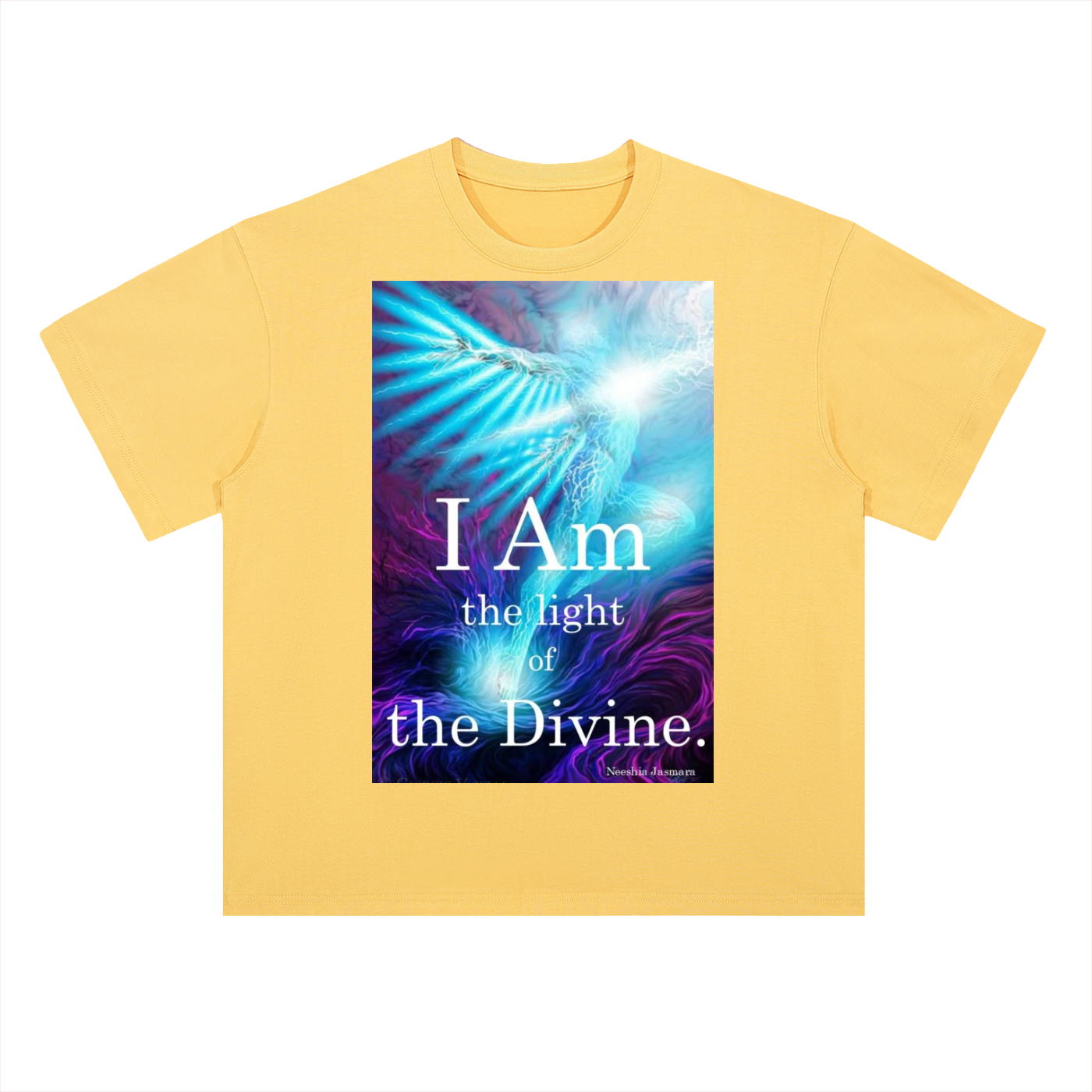 Yellow t-shirt with a colorful design and text on a white background