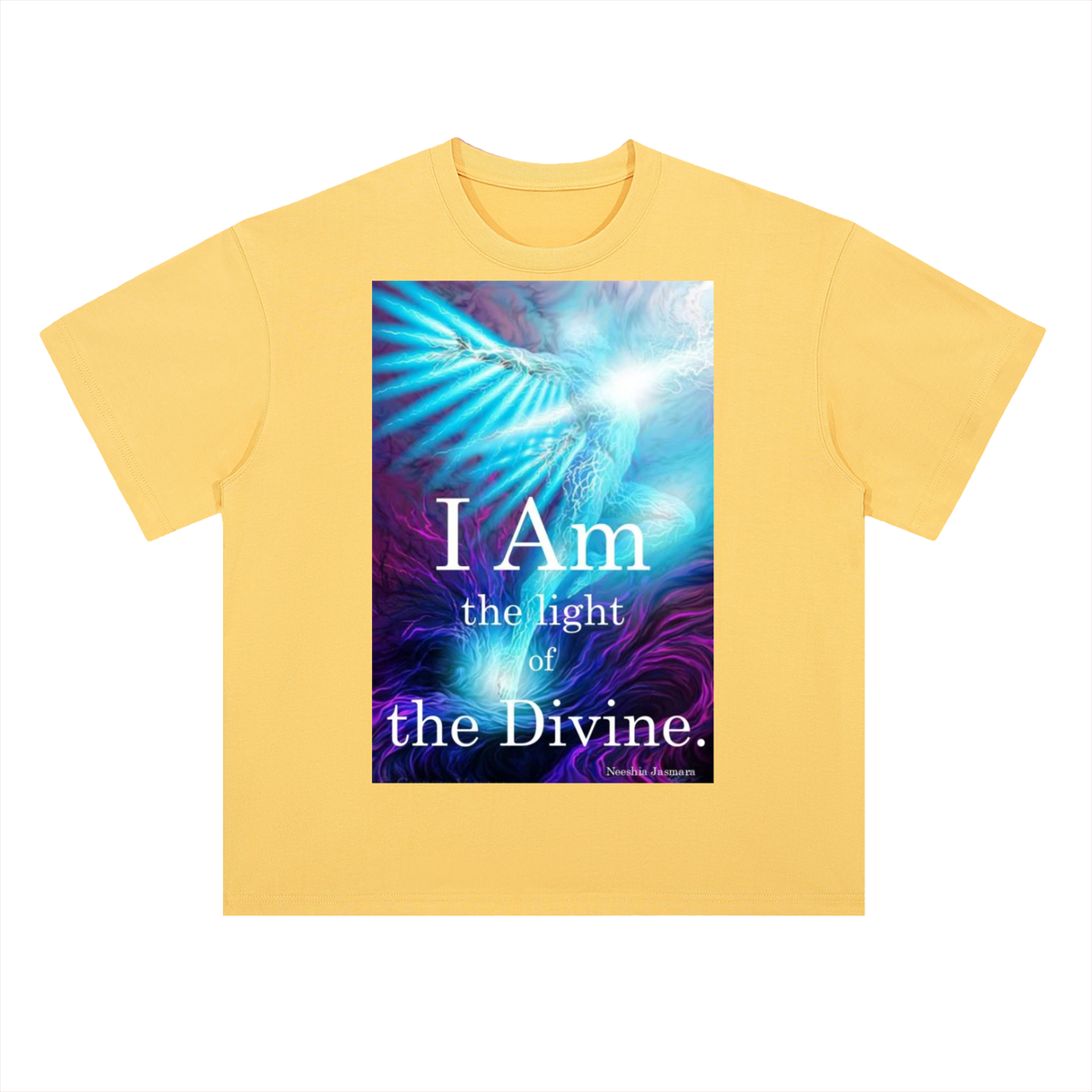 Yellow t-shirt with a colorful design and text on a white background
