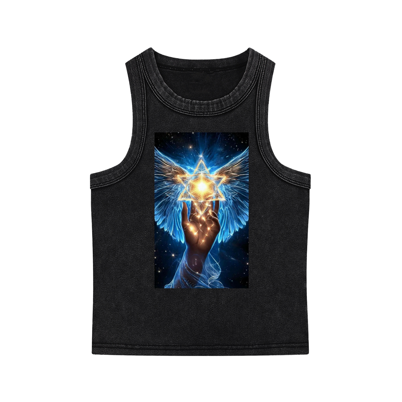 A black sleeveless tank top with a graphic print on the front showing a glowing golden Star of David held by a hand with blue angel wings against a starry night sky.
